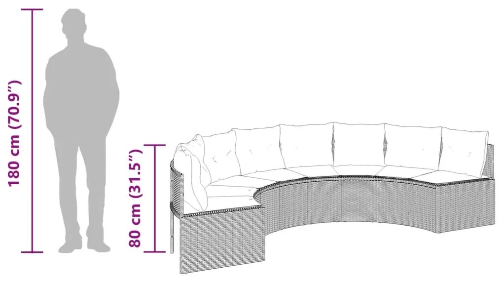 Sofá de jardim com mesa e almofadões semicircular vime PE bege