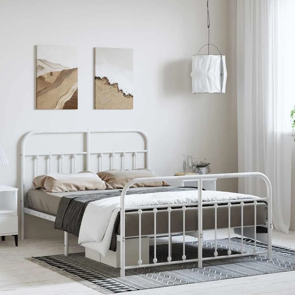 Estrutura de cama com cabeceira e pés 135x190 cm metal branco