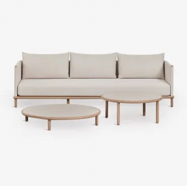 Conjunto De Sala Com Sofá De 3 Lugares E 2 Mesas De Centro Redondas Em Madeira De Acácia Olivia Gardénia Branco & Marrom Acácia Claro - Sklum