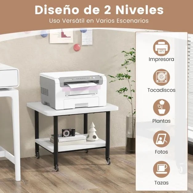 Mesa para impressora com 4 rodas e mecanismo de bloqueio 49 x 40 x 38 cm Branco