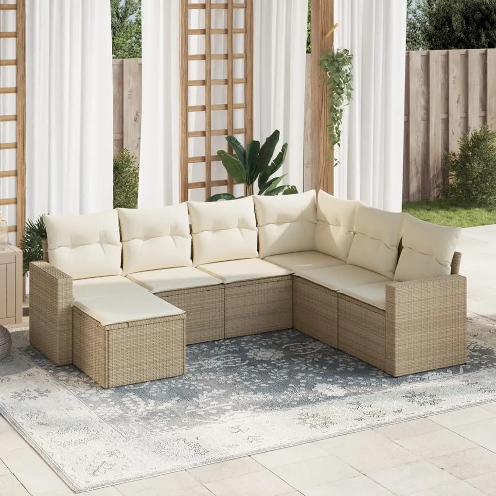 7 pcs conjunto de sofás p/ jardim com almofadões vime PE bege