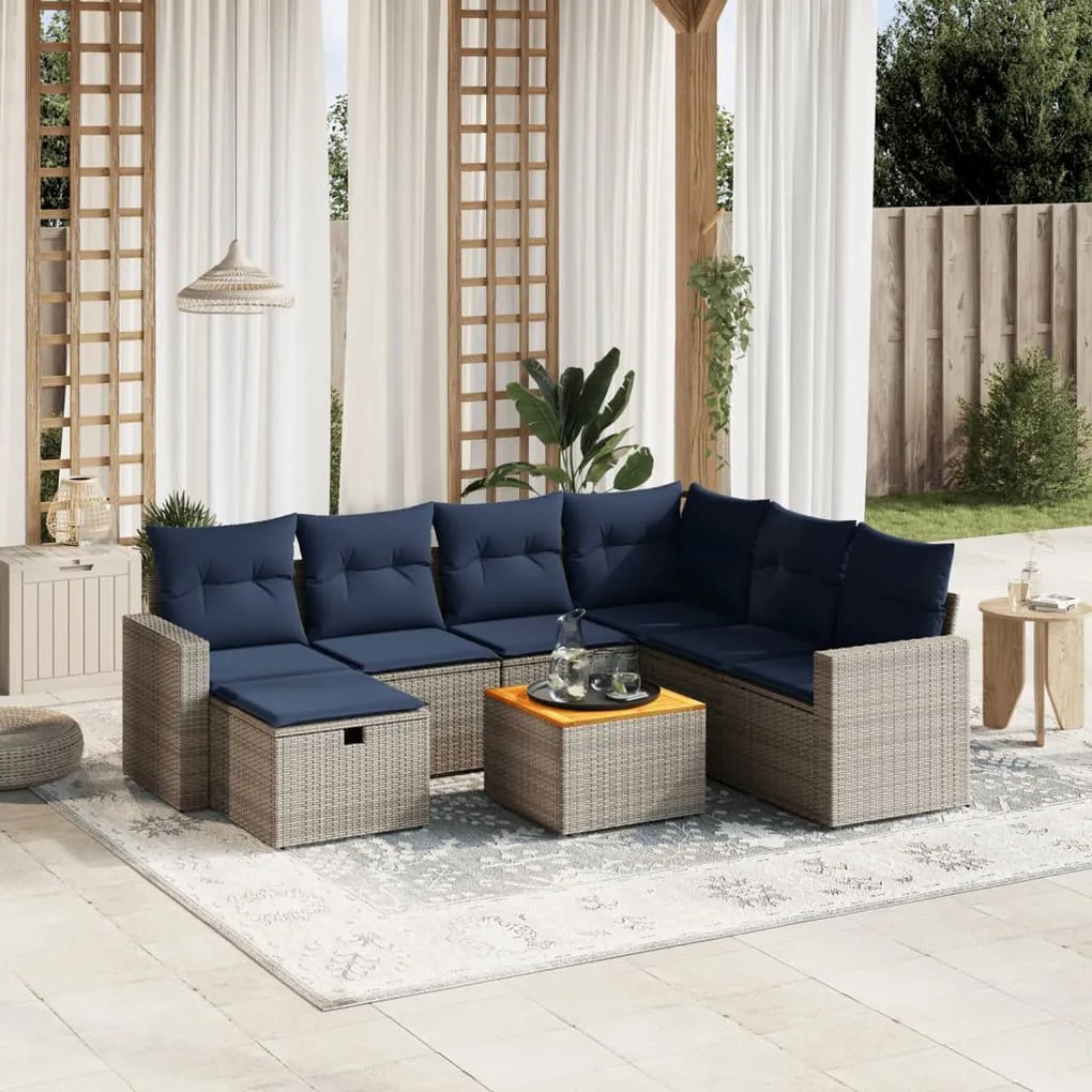 vidaXL 8 pcs conjunto sofás p/ jardim c/ almofadões vime PE cinzento