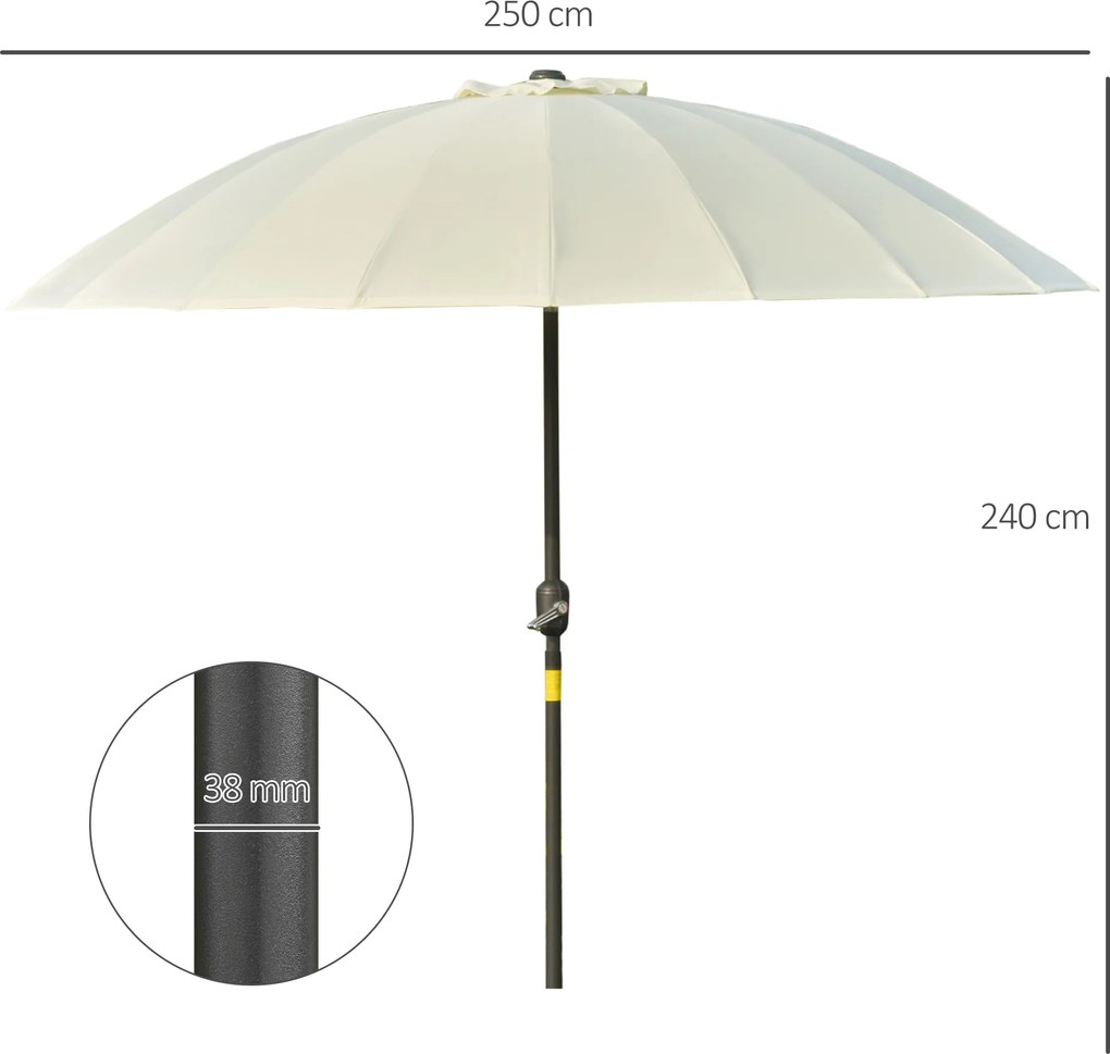 Guarda-sol vertical redondo e inclinável para jardim, com 18 varas, manivela, mastro em metal e fibra de vidro, Ø 2,5 m, poliéster de alta densidade,