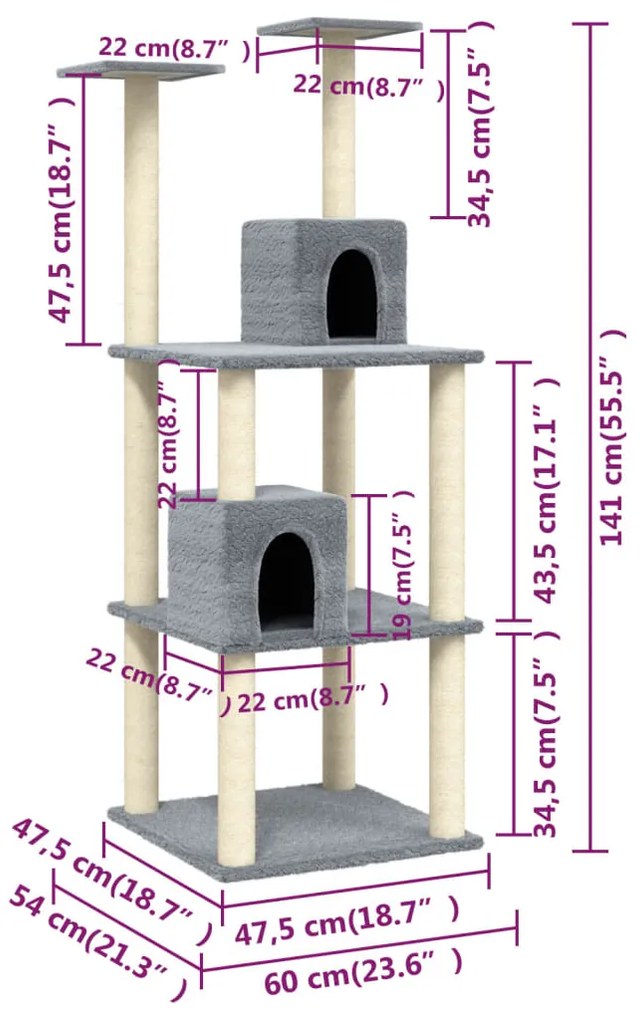 Árvore p/ gatos c/ postes arranhadores sisal 141 cm cinza-claro