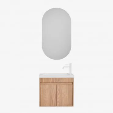 Conjunto De Móvel De Casa De Banho Suspenso Em Madeira Com Lavatório Integrado Narek Castanho Fresno & Ovalado Com Armazenamento Preto - Sklum