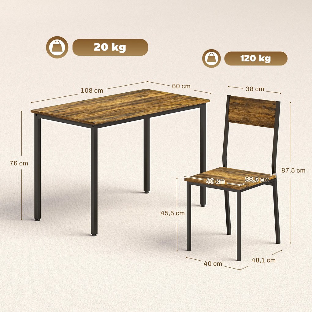 Conjunto de mesa de jantar com 4 cadeiras, mesa de cozinha com cadeiras para 4 pessoas, pés em metal, castanho rústico