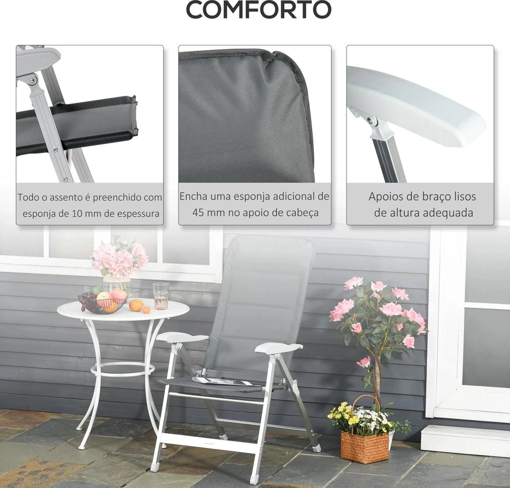 Cadeira de jardim dobrável de alumínio com encosto alto ajustável de 7 posições e encosto de cabeça acolchoado 75x61,5x114,5 cm cinza