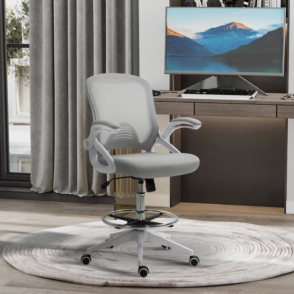 Cadeira de escritório, assento ajustável e rotação de 360°, tecido respirável 64 x 60 x 106-126 A cm, cinzento e branco