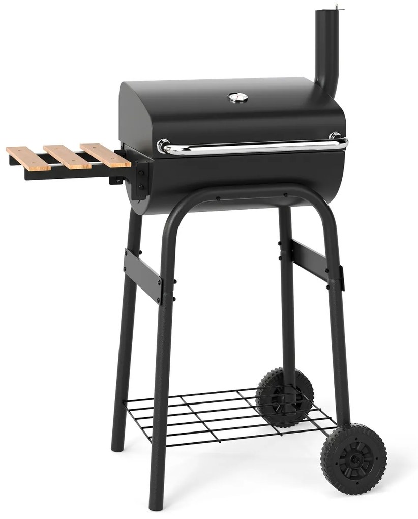 Grelhador a carvão para churrasco ao ar livre com mesa lateral dobrável Termóstato Prateleira de armazenamento preto