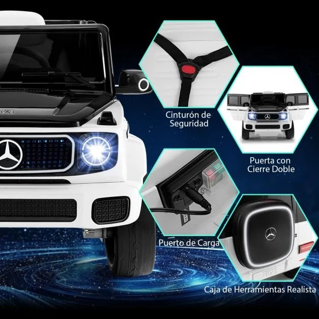 Carro elétrico para crianças com licença Mercedes-Benz 4WD 12V com controlo remoto Luzes LED Música Buzina Branco