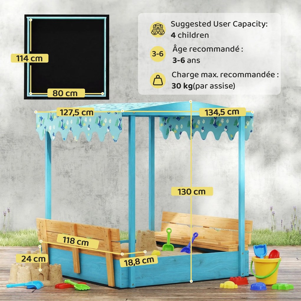 Caixa de areia infantil para crianças em madeira com tampa 134,5 x 127,5 x 130 cm, para exterior com assento dobrável em lona estampada com flamingos