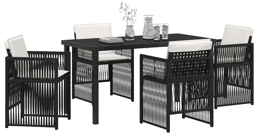 Conjunto de jantar de jardim com 5 peças e almofadas pretas e de ratta