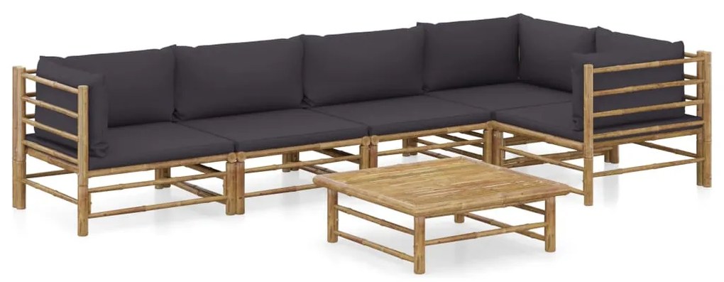 6 pcs conj. lounge jardim em bambu c/ almofadões cinza-escuro