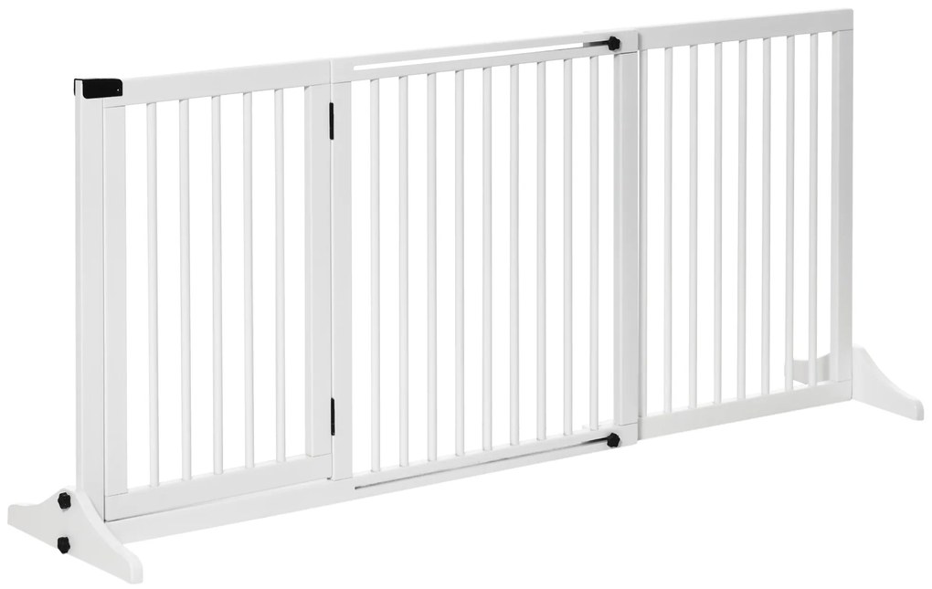 PawHut Barreira de Segurança Extensível 3 Peças com Estrutura de Madeira e Suporte de Pé 113-166x36x71cm Branco