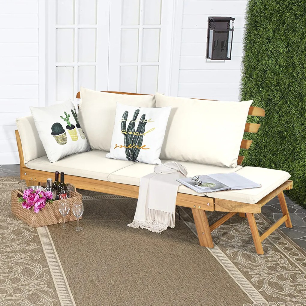 Sofá-cama de jardim convertível em madeira de acácia com apoios de braços Almofadas ajustáveis 2 lugares Exterior 198 x 75 x 75 cm Branco