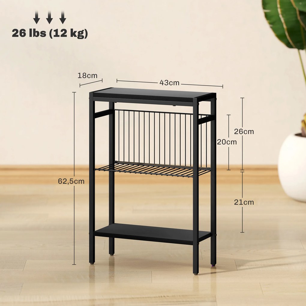 Mesa Auxiliar Estreita de 3 Níveis Mesinha Auxiliar Industrial com Prateleiras Abertas e Estrutura de Aço  43x18x62,5 cm Preto