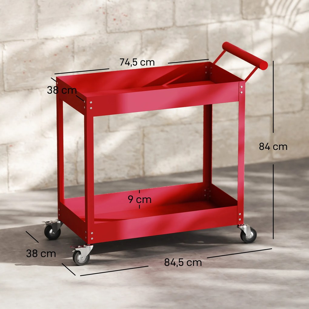 Carrinho de oficina com 2 níveis, pega lateral e rodas bloqueáveis, 84,5 x 38 x 84 cm, vermelho