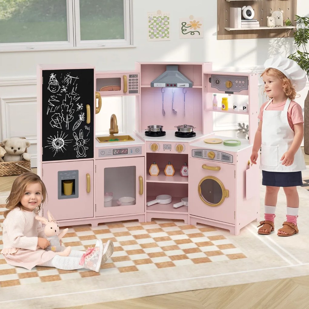 Cozinha de brinquedo de madeira com luzes e sons com quadro negro e acessórios de cozinha para crianças 131 x 47 x 92 cm rosa