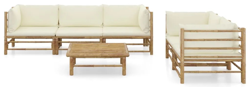 6 pcs conj. lounge p/ jardim em bambu c/ almofadões branco nata