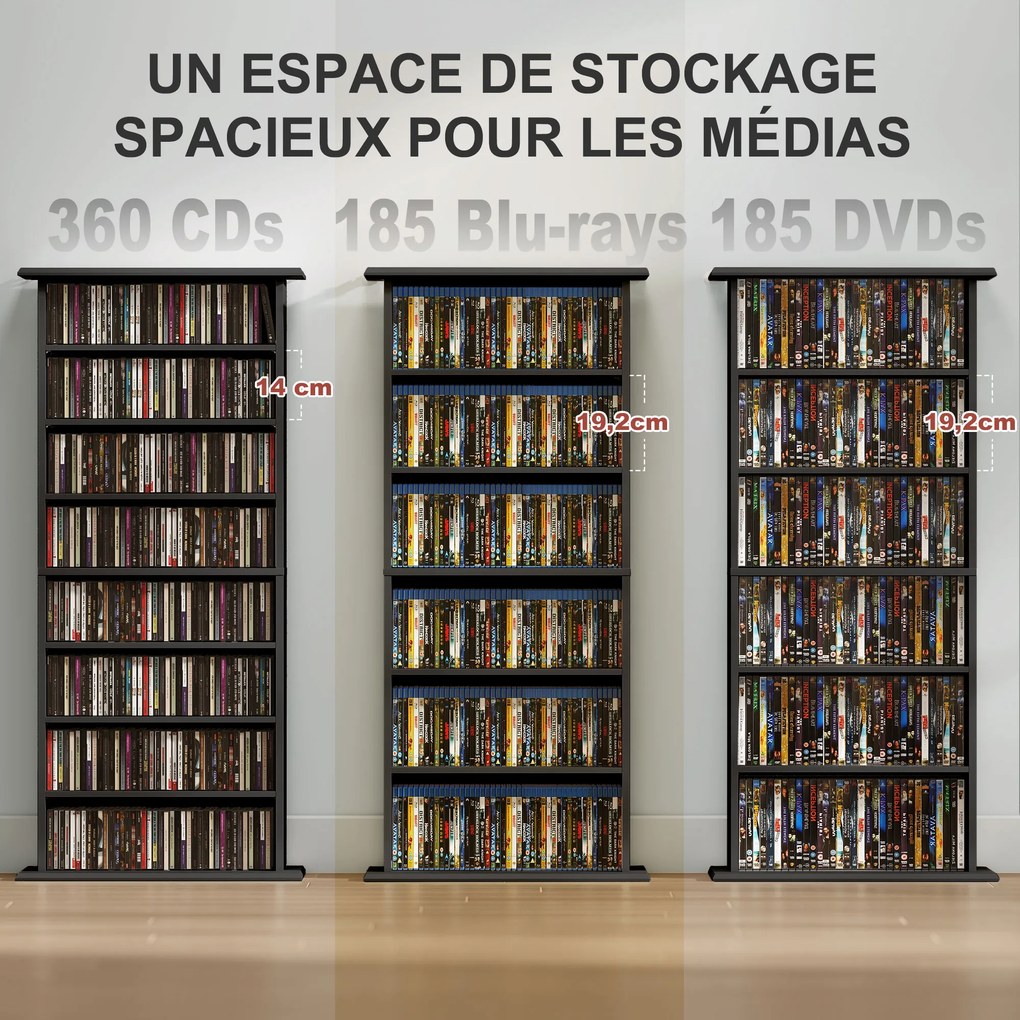 Organizador para CD e DVD com 8 compartimentos e 6 prateleiras ajustáveis, capacidade máxima de 360 CD/185 DVD e Blu-ray, preto