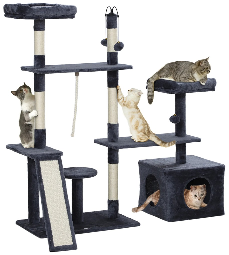 Arranhador para Gatos 134 cm com Caverna Plataformas Bolas de Jogar e Postes de Sisal 124,5x40x134 cm Cinza Escuro