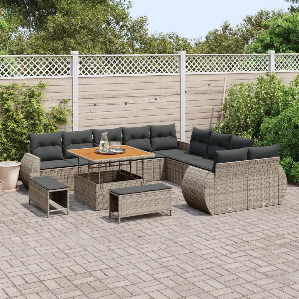 Conjunto de Sofá de Jardim de 13 Peças com Almofadas Cinza Rattan Poli