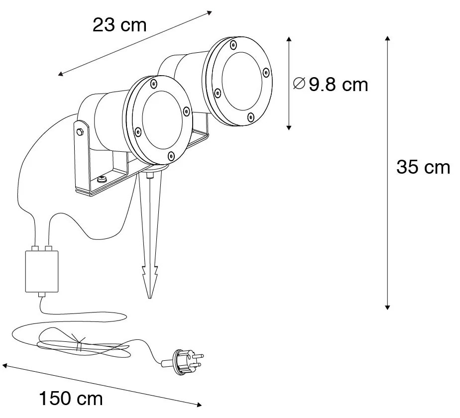 Foco de Jardim Preto com Fio e Ficha 2 Luzes IP65 - Basic