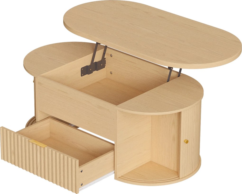 HOMCOM Mesa de Centro com Tampo Elevatório Oval, Compartimento Oculto, Gaveta Canelada, Portas de Correr e Armários, 100x50x40cm, Carvalho | Aosom Portugal