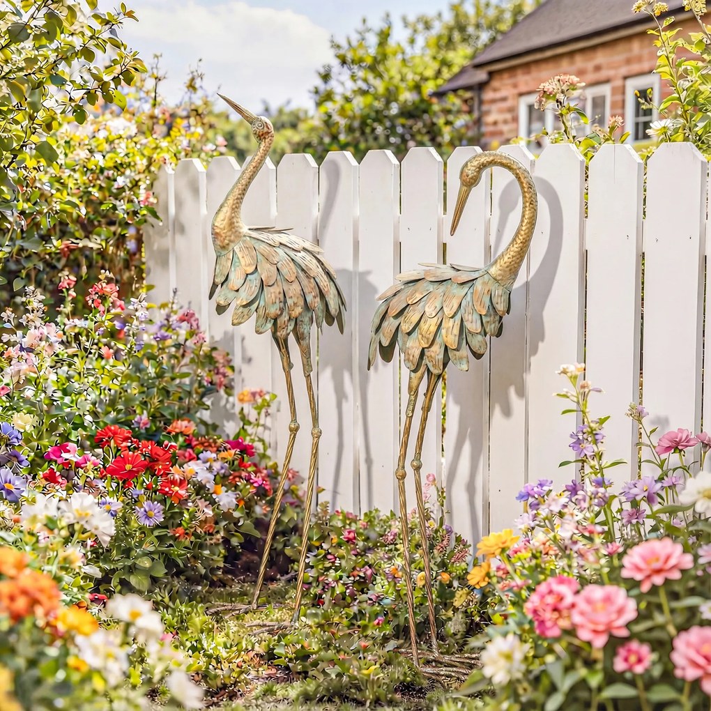 Conjunto de 2 estátuas de jardim, escultura de garça em metal, estátuas de aves 91/95 cm, para pátio, lago, terraço, dourado/azul
