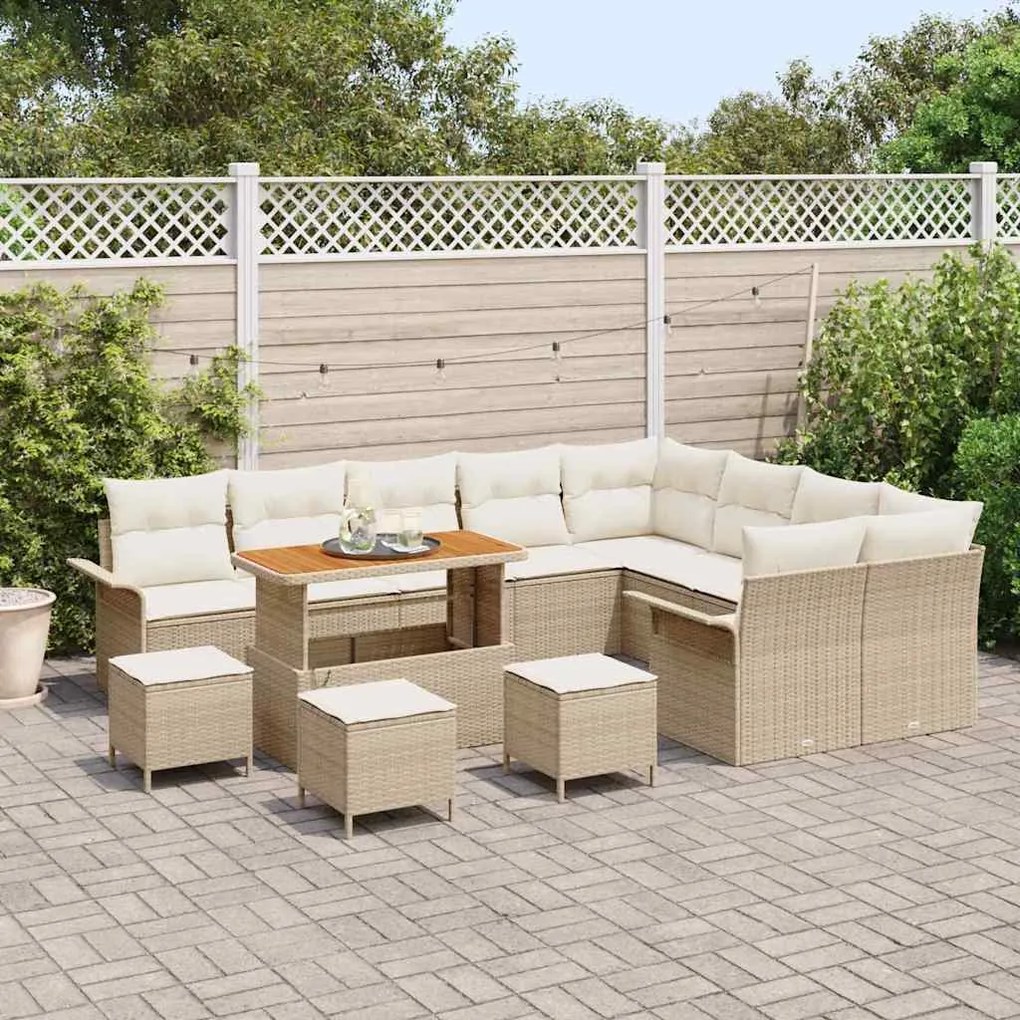 Conjunto de Sofá de Jardim de 13 Peças com Almofadas Bege Rattan PE Ac