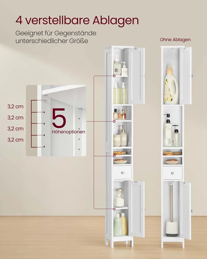 Armário de casa de banho com prateleiras ajustáveis e abertas 19,5 x 21,4 x 180 cm Branco