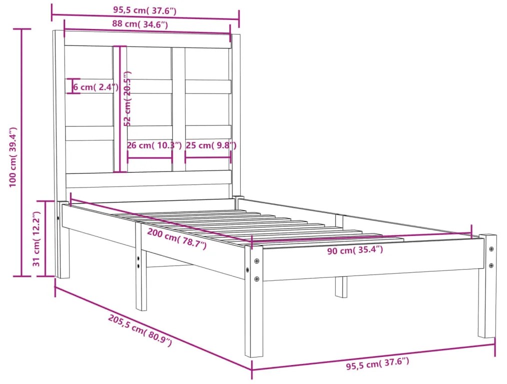 Estrutura de cama 90x200 cm madeira maciça branco