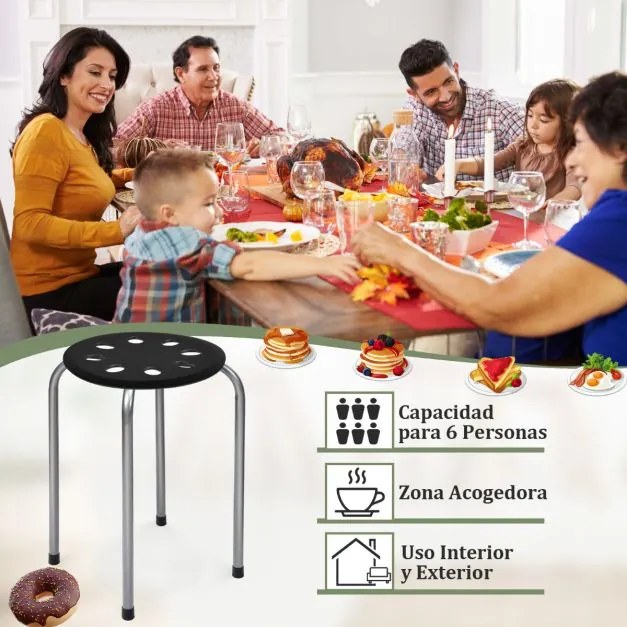 Conjunto de 6 bancos empilháveis de meta com assento perfurado redondo e estrutura metálica para cozinha, sala Pretos