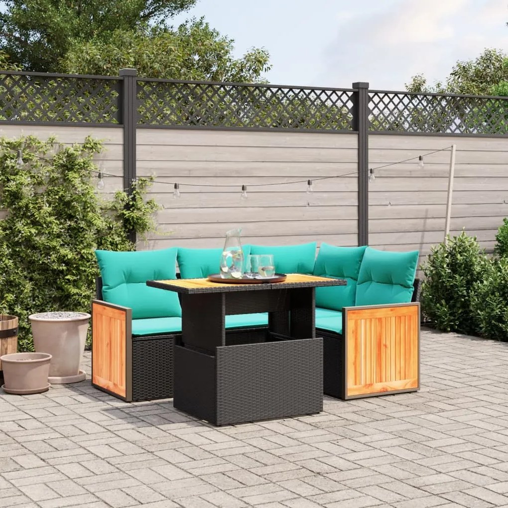 vidaXL 5 pcs conjunto de sofás p/ jardim c/ almofadões vime PE preto