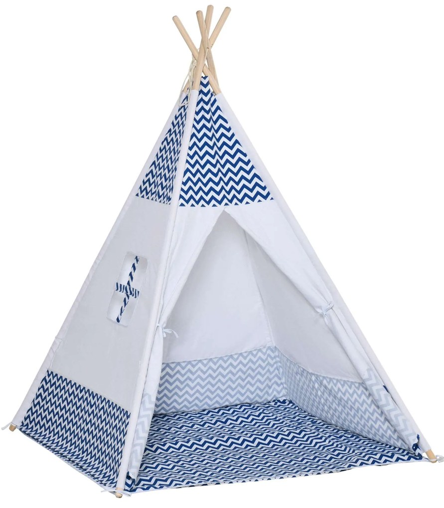 HOMCOM Tenda Tipi para Crianças acima de 3 Anos Tenda Infantil de Madeira Portátil com Janela Almofada 120x120x155cm Azul