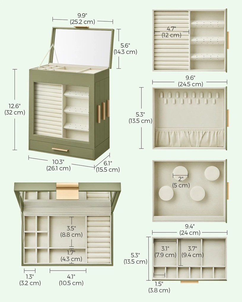 Caixa de jóias 5 níveis espelho grande 15,5 x 26,1 x 32 cm verde louro e Dourado