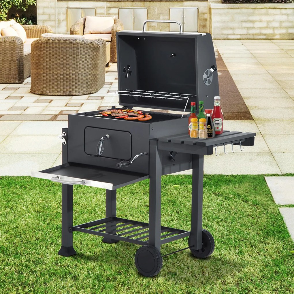 Churrasqueira Vegetal com Prateleiras de Rodas Grelha de barril Carrinho de piquenique para churrasco Camping Fumador Fumaça de Carbono 115x56x108cm