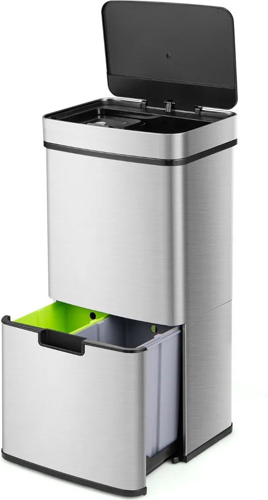 Caixote do lixo em aço inoxidável 72 L com sensor de movimento 2 baldes Tampa aberta e fecho suave Caixote do lixo de cozinha Prata