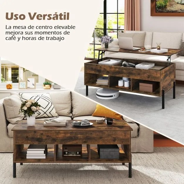 Mesa de centro 100 x 50 x 45 cm elevável com tampo ajustável, amplo compartimento oculto e 3 espaços abertos, com pés em metal Café