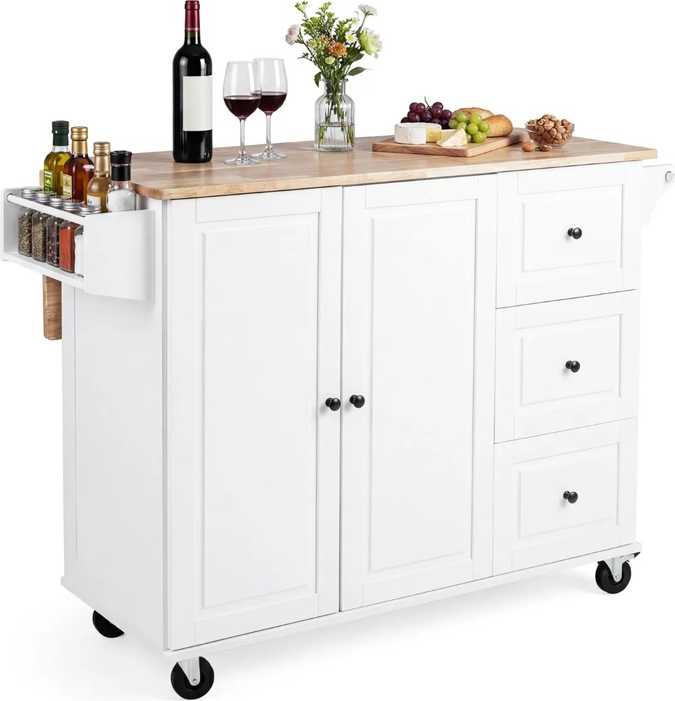 Carrinho, Ilha de cozinha dobrável com rodas 129,5 x 43/76 x 93 cm, 3 gavetas, armário, prateleiras ajustáveis, bancada em madeira de borracha, toalhe