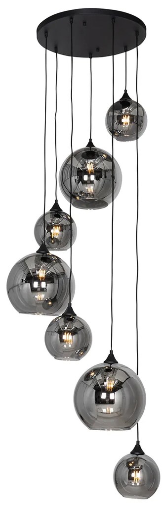 Candeeiro de suspensão Art Deco preto com vidro fumê redondo 7 luzes - Sandra Art Deco