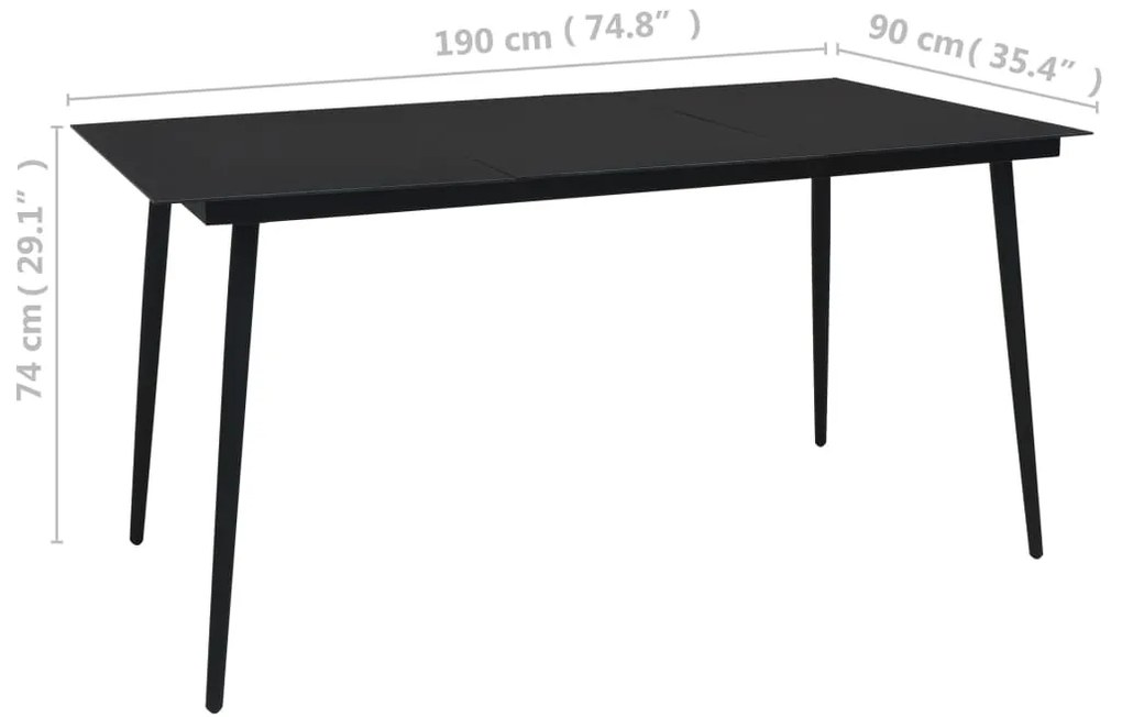 Mesa de jantar para jardim 190x90x74 cm aço e vidro preto