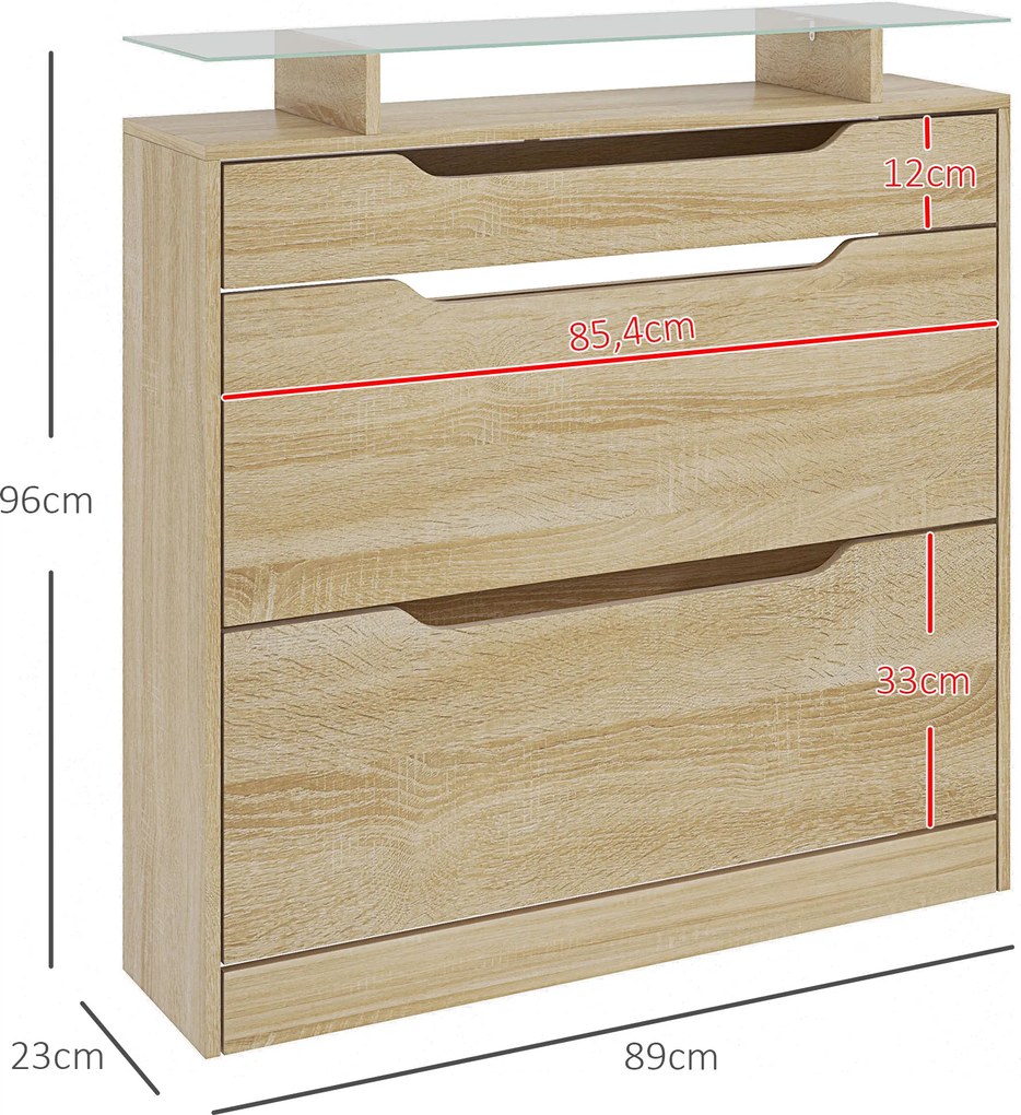 Sapateira 89 x 23 x 96 cm com 2 gavetas rebatíveis + 1 gaveta deslizante + 1 balcão e 1 prateleira de vidro ajustável cor carvalho
