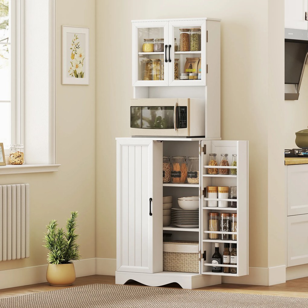 Armário de cozinha alto com 4 portas 60 x 39,5 x 179,6 cm, 8 compartimentos para especiarias, bancada e prateleira ajustável, branco