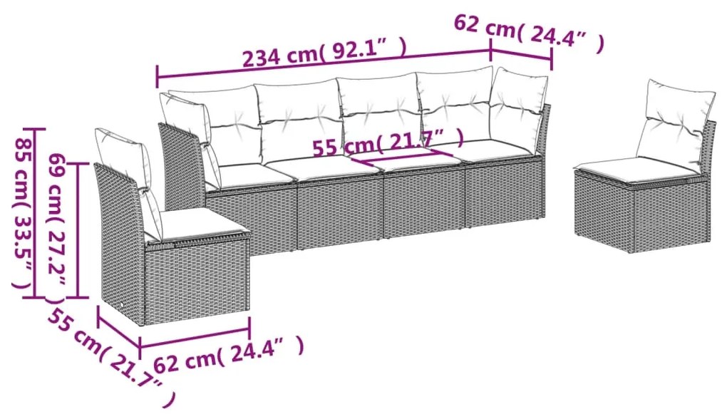 6 pcs conj. sofás jardim com almofadões vime PE cinzento-claro