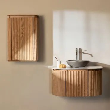Conjunto De Móvel De Casa De Banho Suspenso 90x50 Cm Em Madeira Carsone Madeira Natural & Madeira Natural & Cimento Cinzento Redondo Ø40 Cm - Sklum
