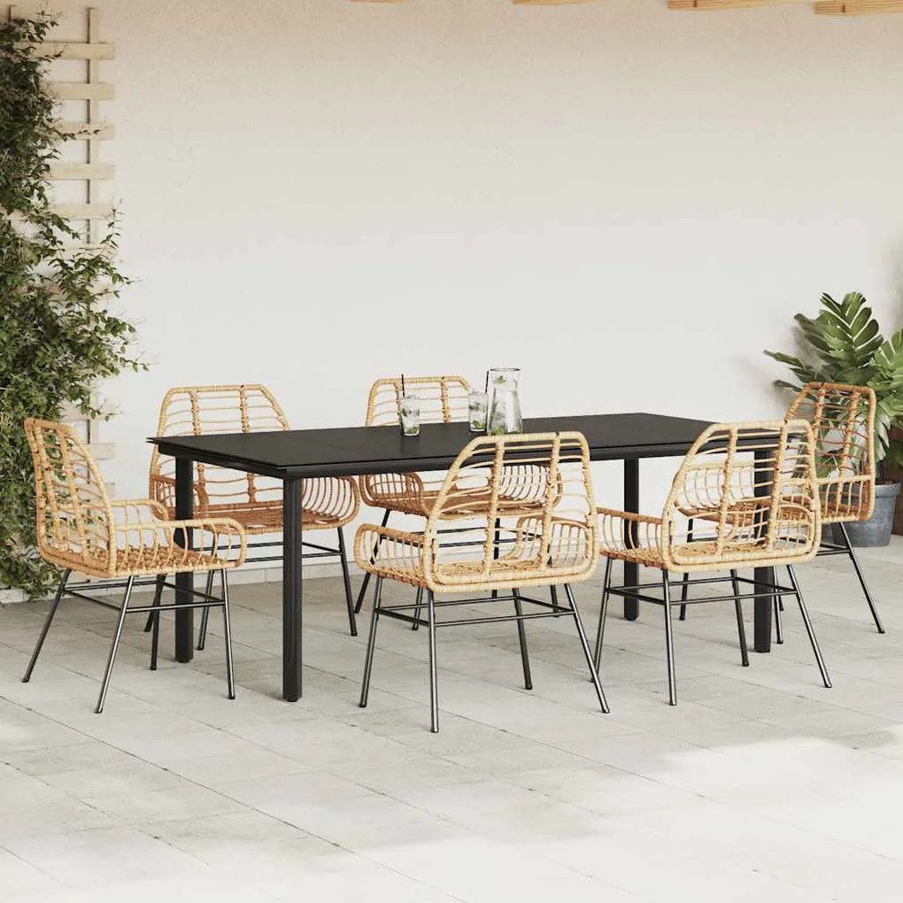 Conjunto jantar jardim 7 peças vidro vime PE castanho