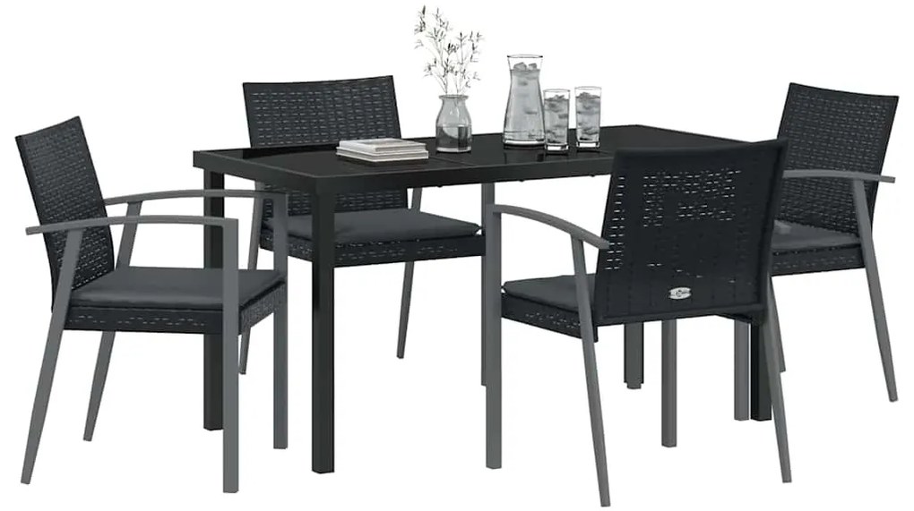 Conjunto de Jantar de Jardim com 5 Peças e Almofadas Preto em Rattan S
