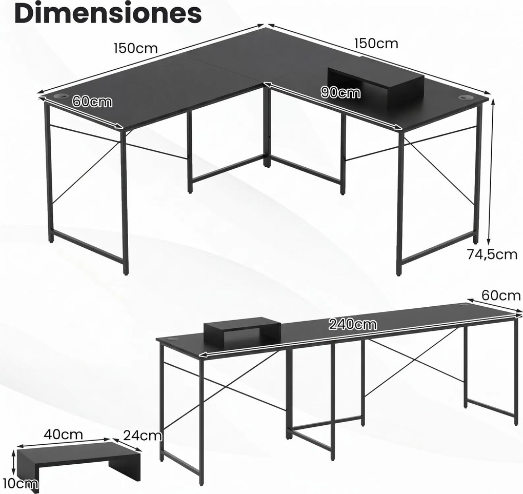 Secretária de Canto para 2 Pessoas, 150 x 150 x 74,5 cm, Reversível 2 em 1, Preto