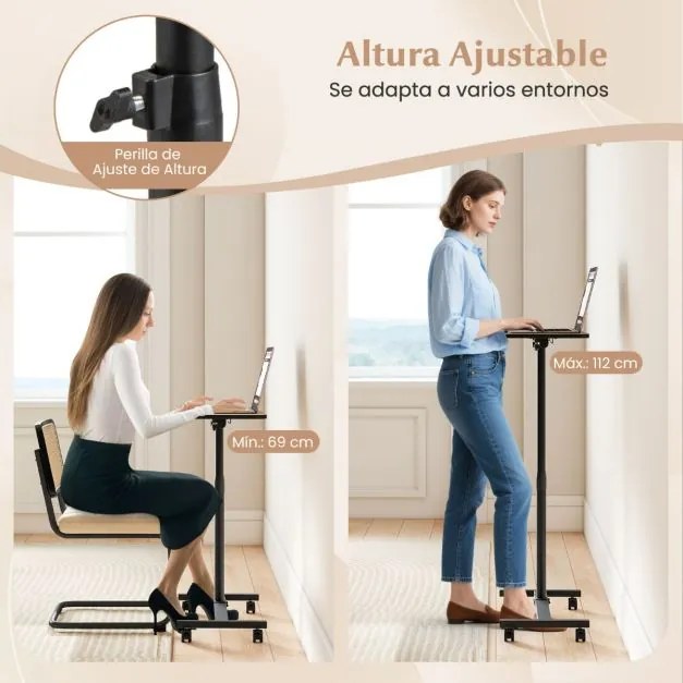 Mesa Auxiliar em Forma de C de Altura Ajustável com Tampo Inclinável Para Computador Giratória 360° para Espaços Pequenos Cinza